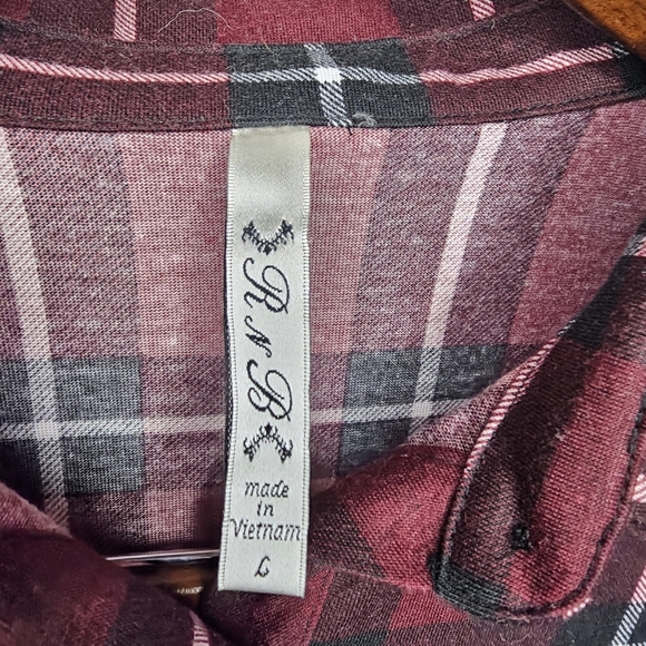 Womens Large Long Sleeve Pockets Button Front Plaid Burgundy Black - Picture 10 of 16